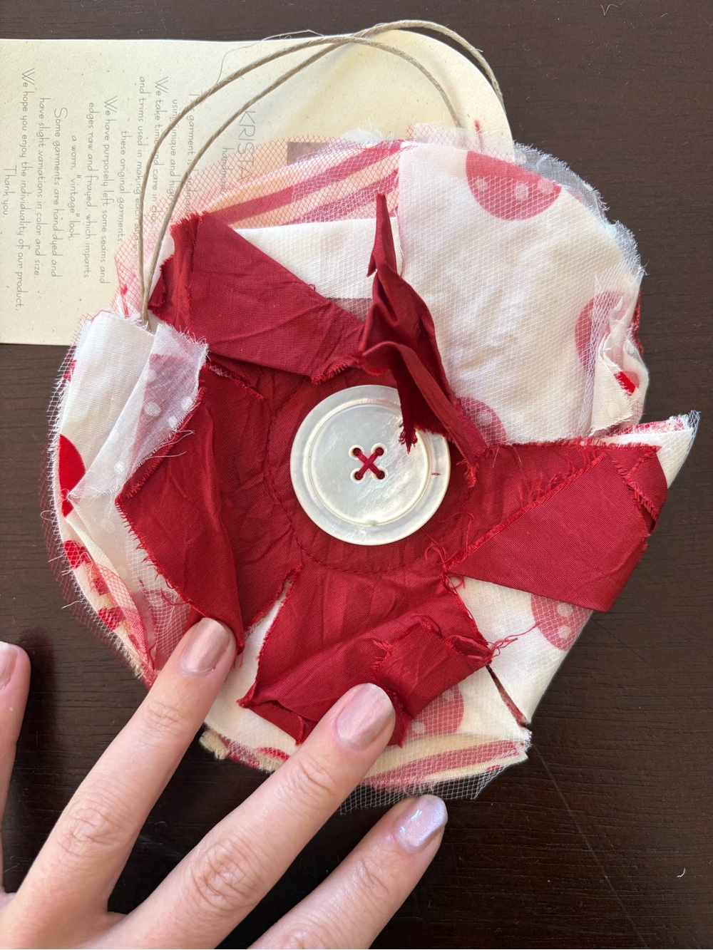 Handmade Red & White Fabric Floral Brooch with Button Center